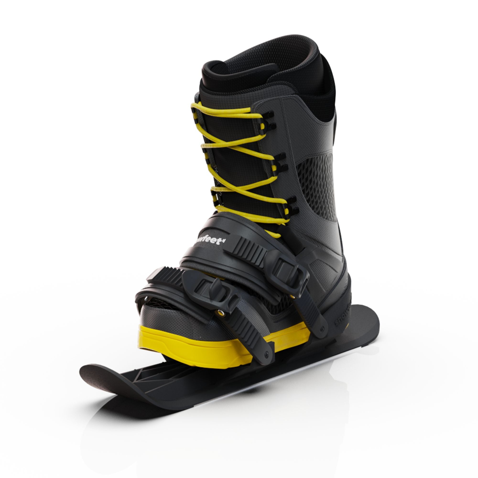 Black and yellow ski boot on a white background