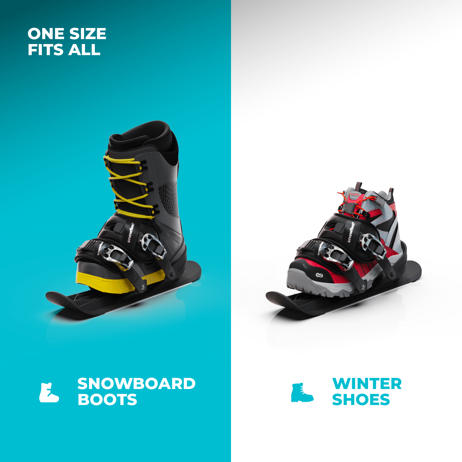 Two pairs of winter footwear, one snowboard boot and one winter shoe, on a blue and white background with text indicating 'One Size Fits All'.