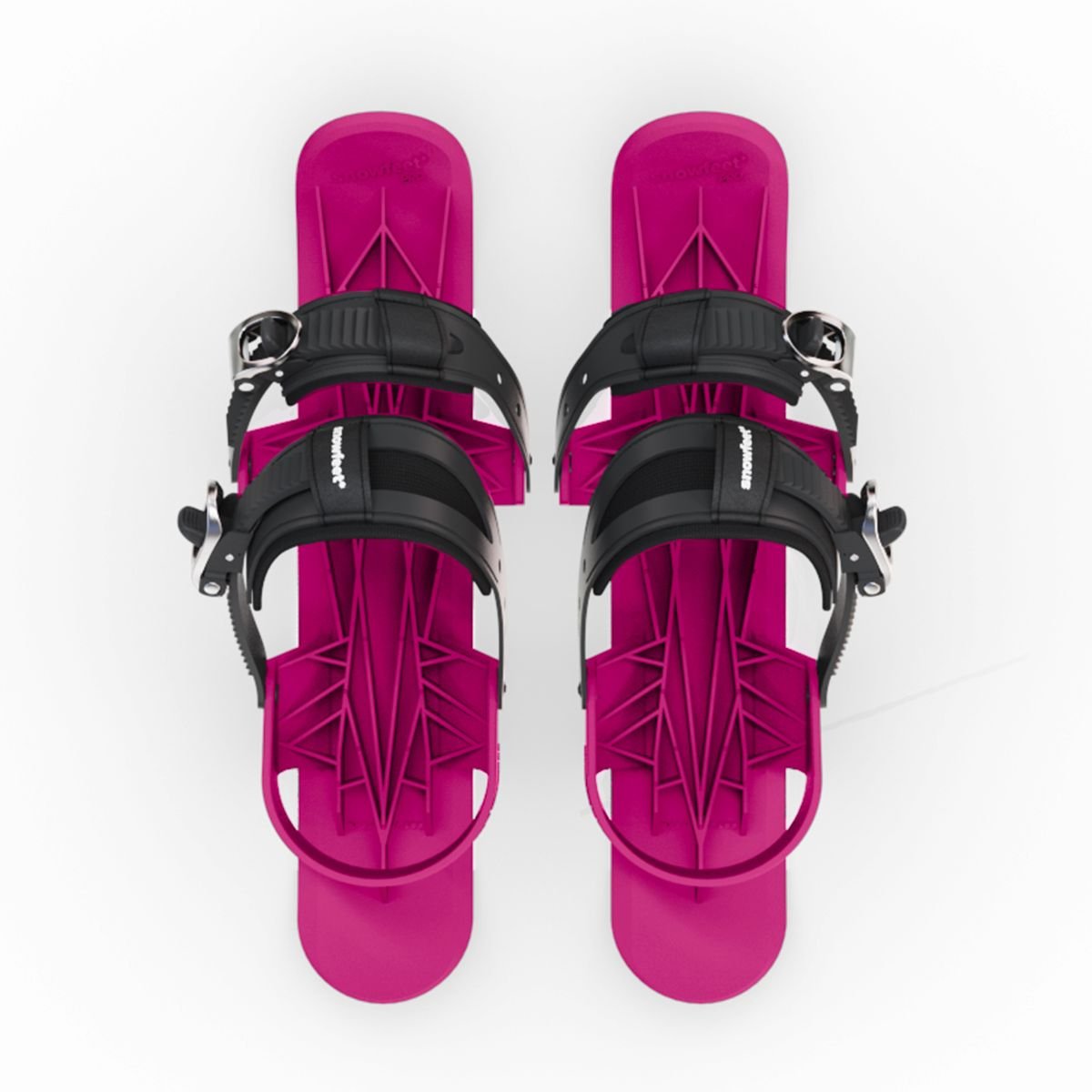 Pair of pink snowshoes with black straps on a white background