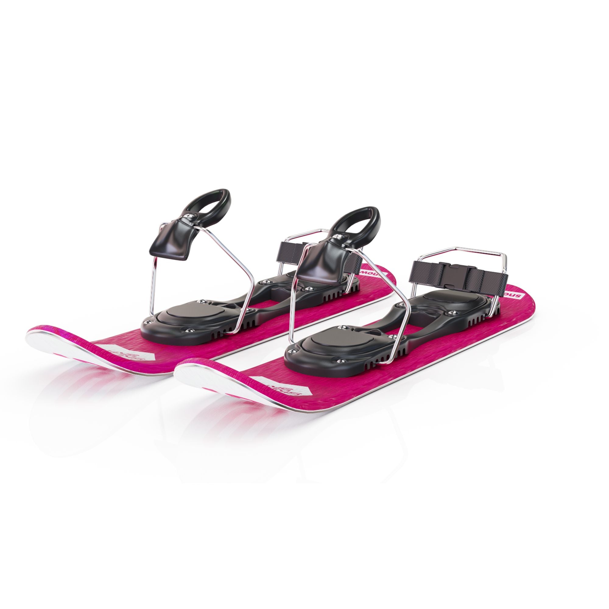 Two pink ski skates with black bindings on a white background