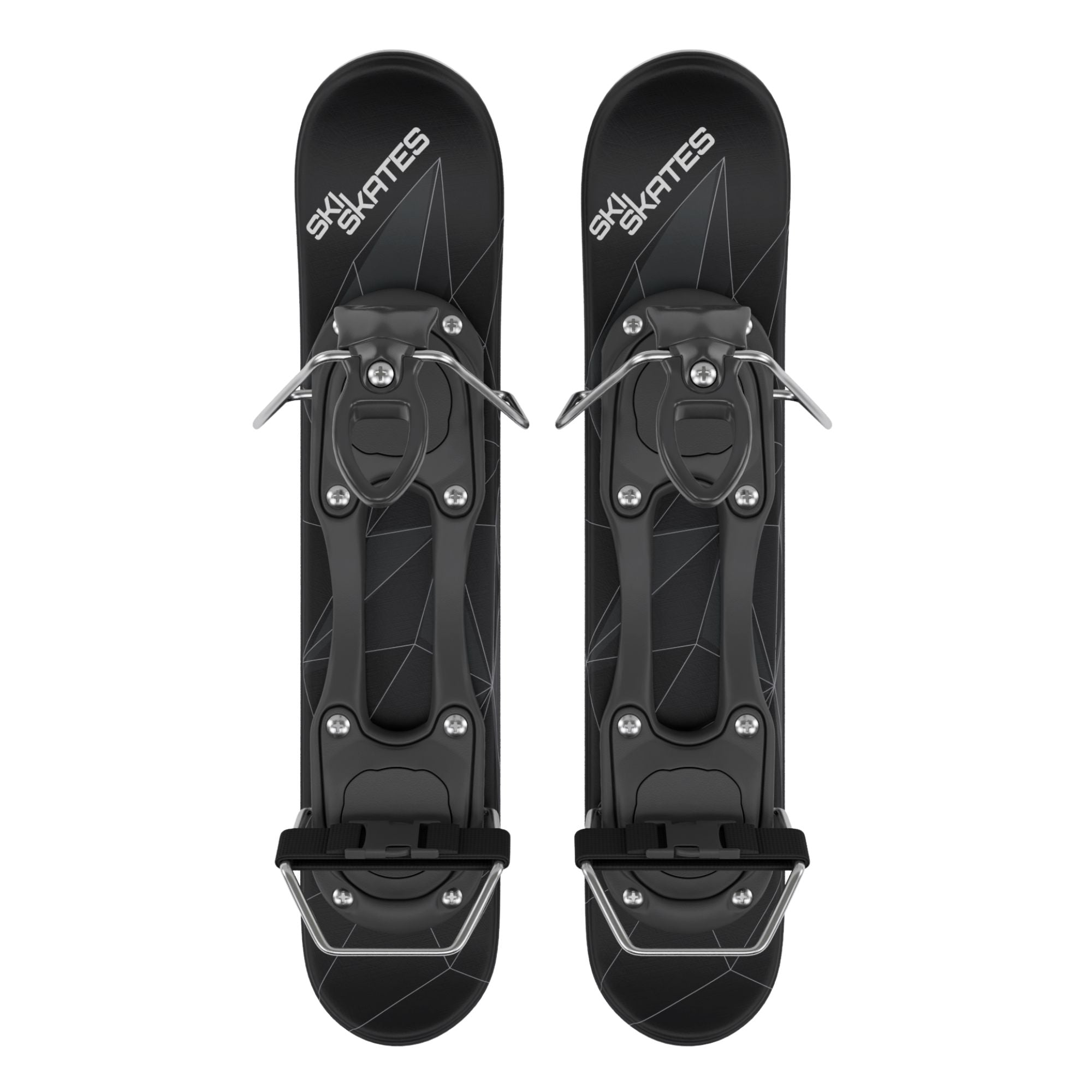 Pair of black snow skates with metal hardware on a white background