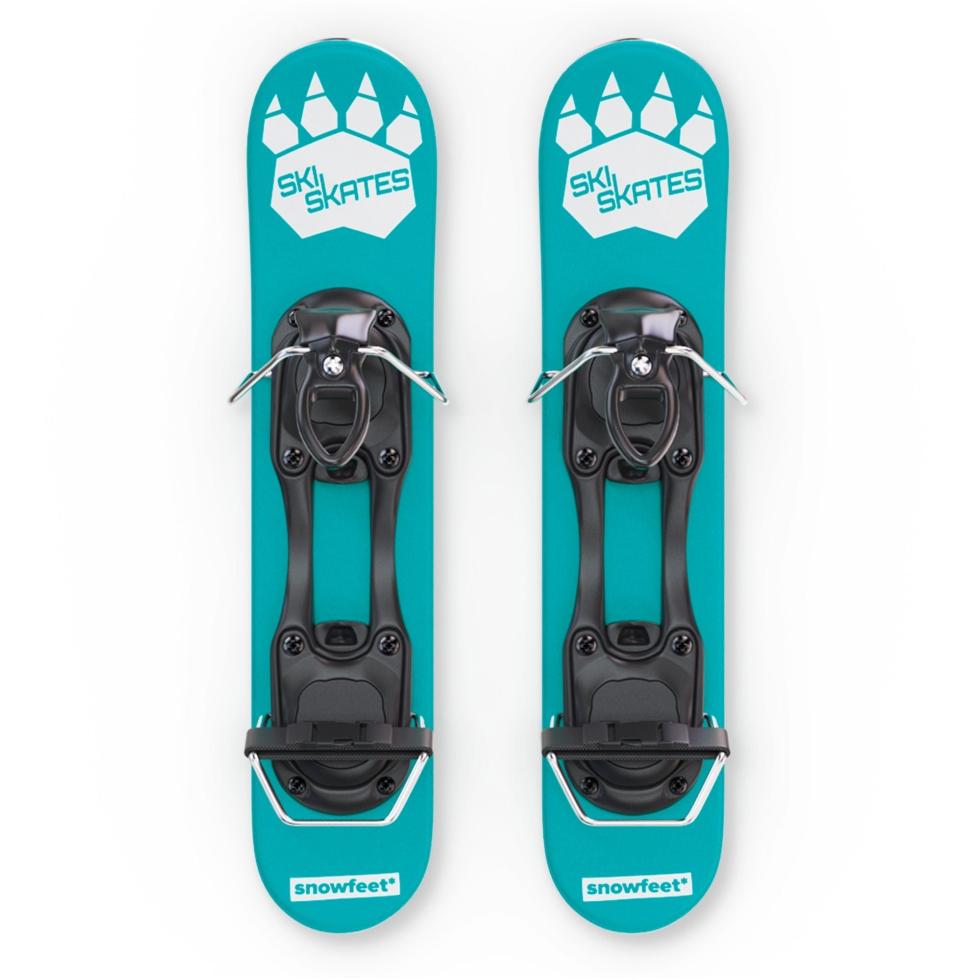 Two turquoise ski skates with black bindings on a white background