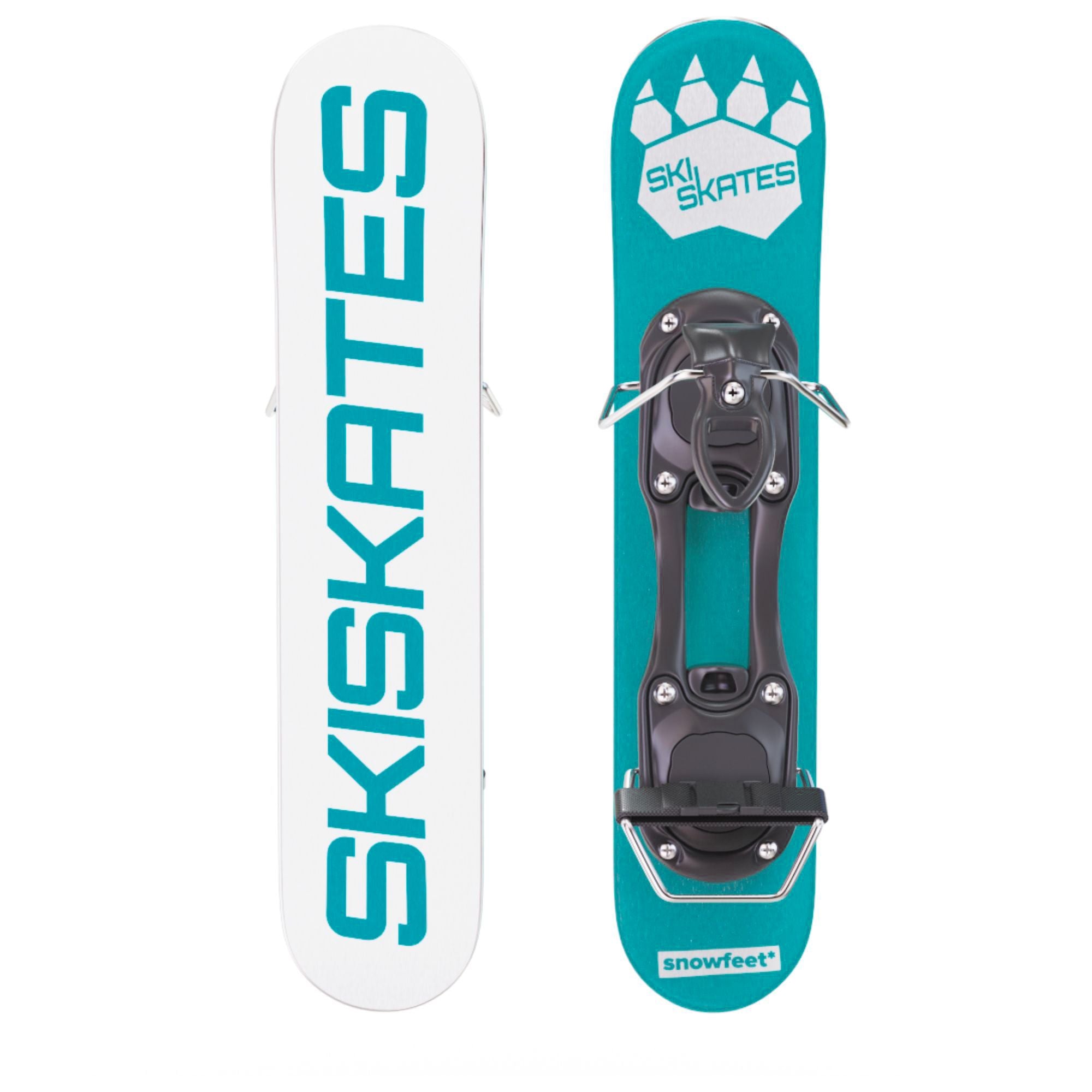 Two turquoise ski skates with black bindings on a white background