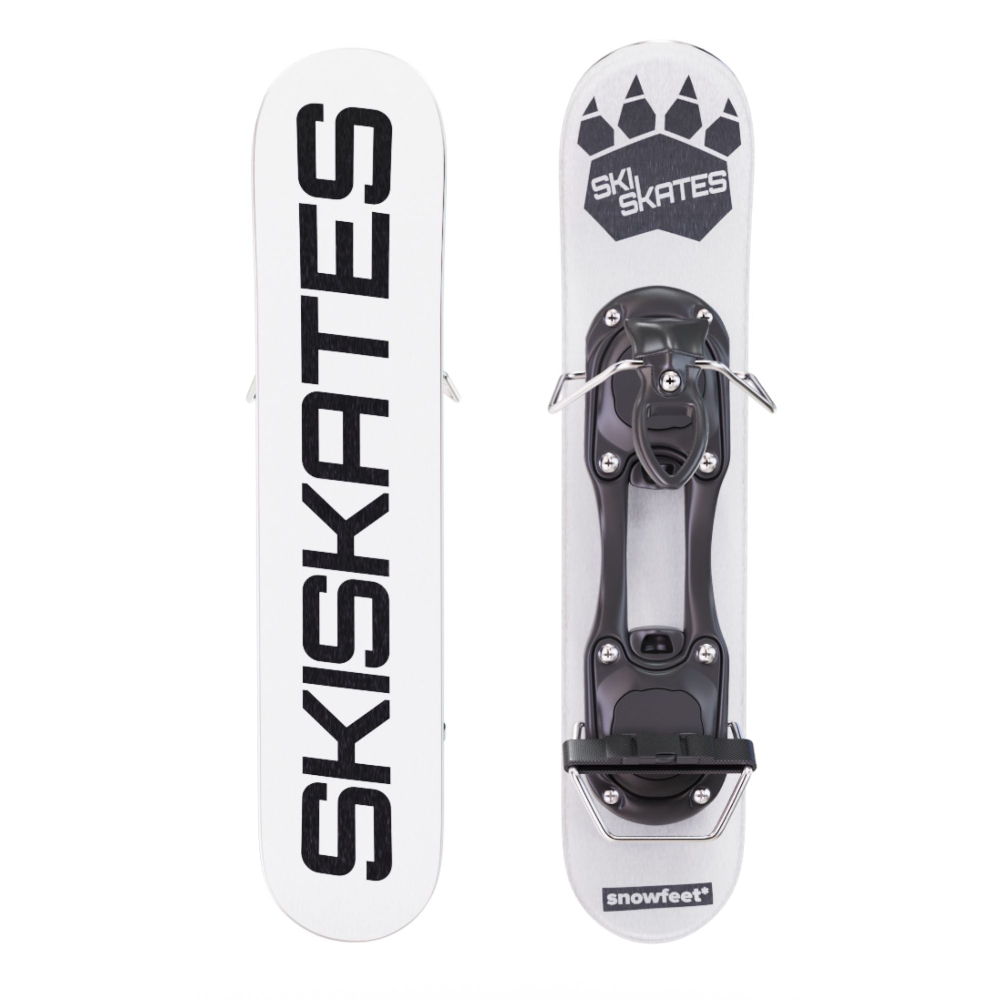 Two ski skates with 'Ski Skates' and 'Snowfeet' branding on a white background. Mini skis with ski binding