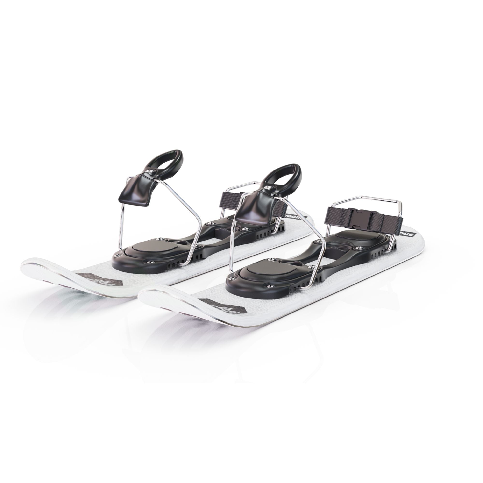 Two ski skates with 'Ski Skates' and 'Snowfeet' branding on a white background. Mini skis with ski binding