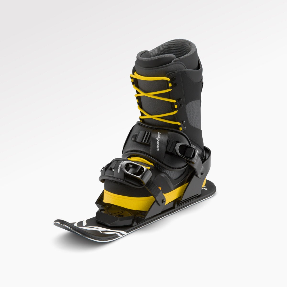 Black and yellow mini skis with snowboard boot on a white background