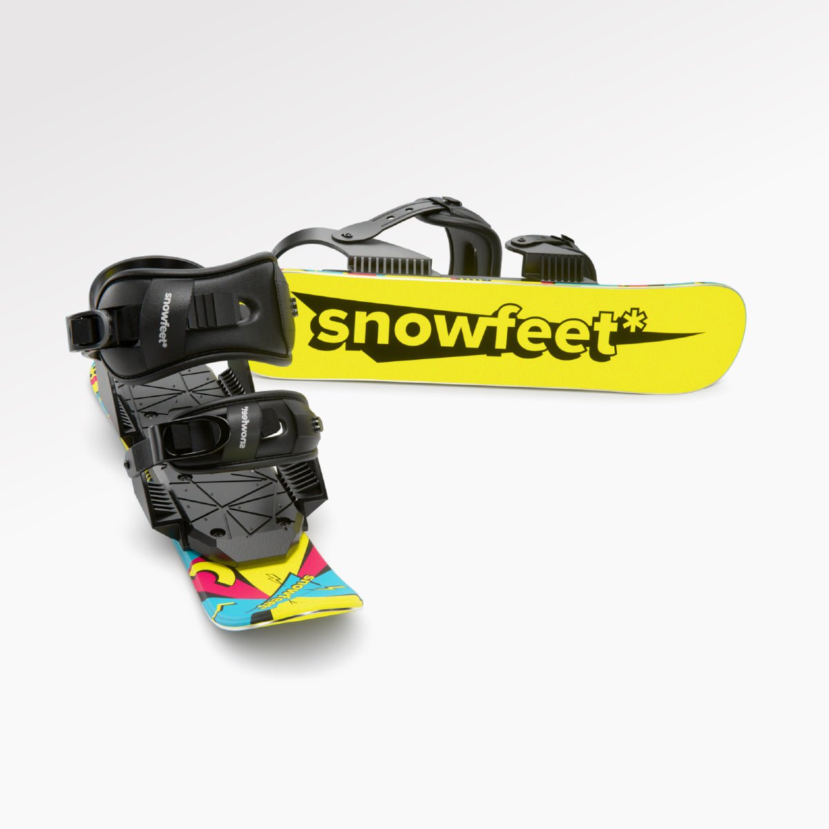 Skiskates with colorful base and black bindings on a white background, featuring 'snowfeet' branding. Snowboard binding