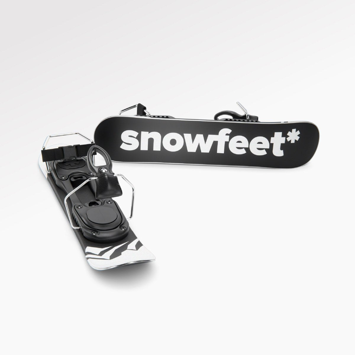 Two mini skis with ski boots bindings on a white background. Skiskates 44 cm