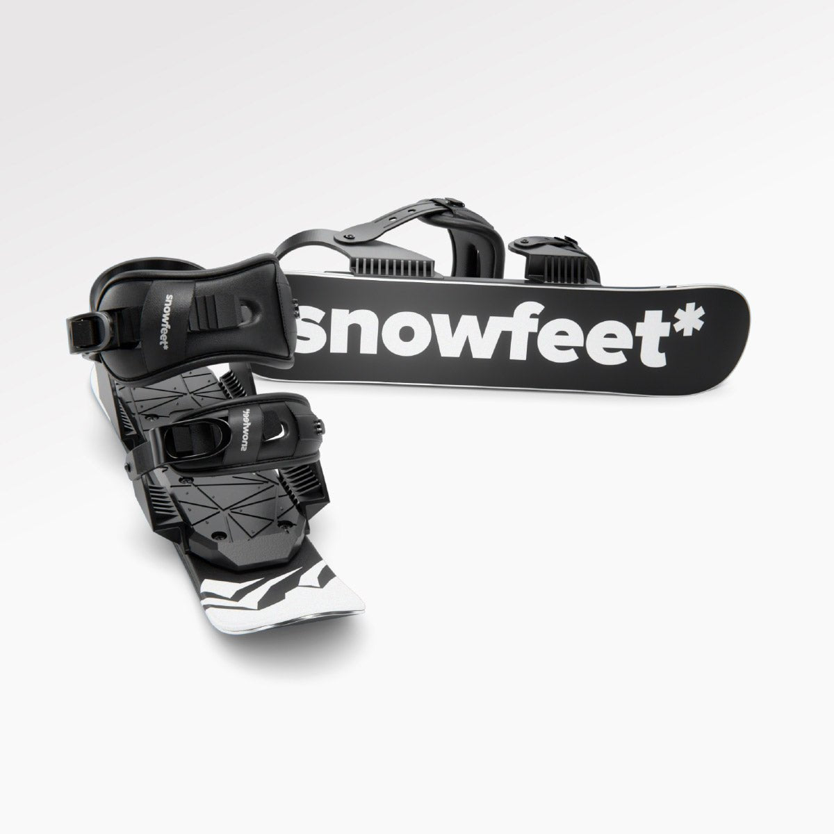 Pair of skiskates with snowboard bindings on a white background