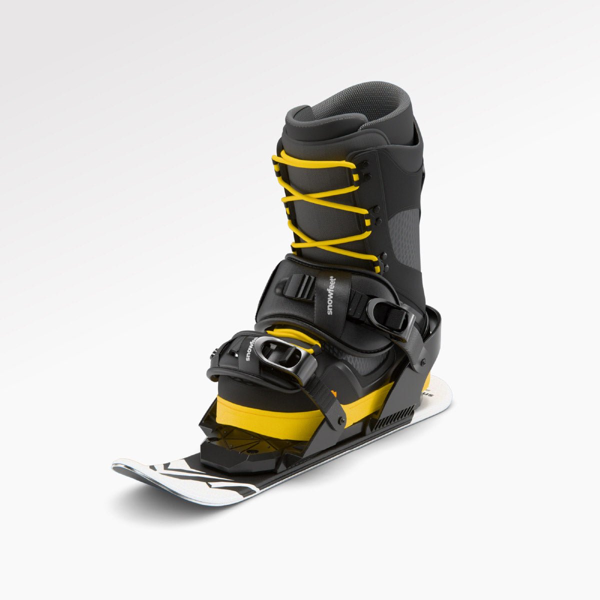 MIni ski with snowboard bindings on a white background with snowboard boot