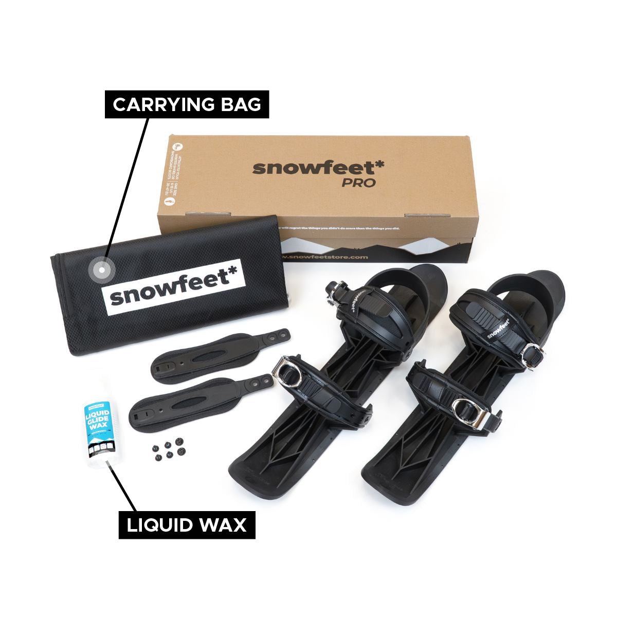 Snowboarding equipment set with 'snowfeet' branding, including a carrying bag, bindings, and liquid wax on a white background.