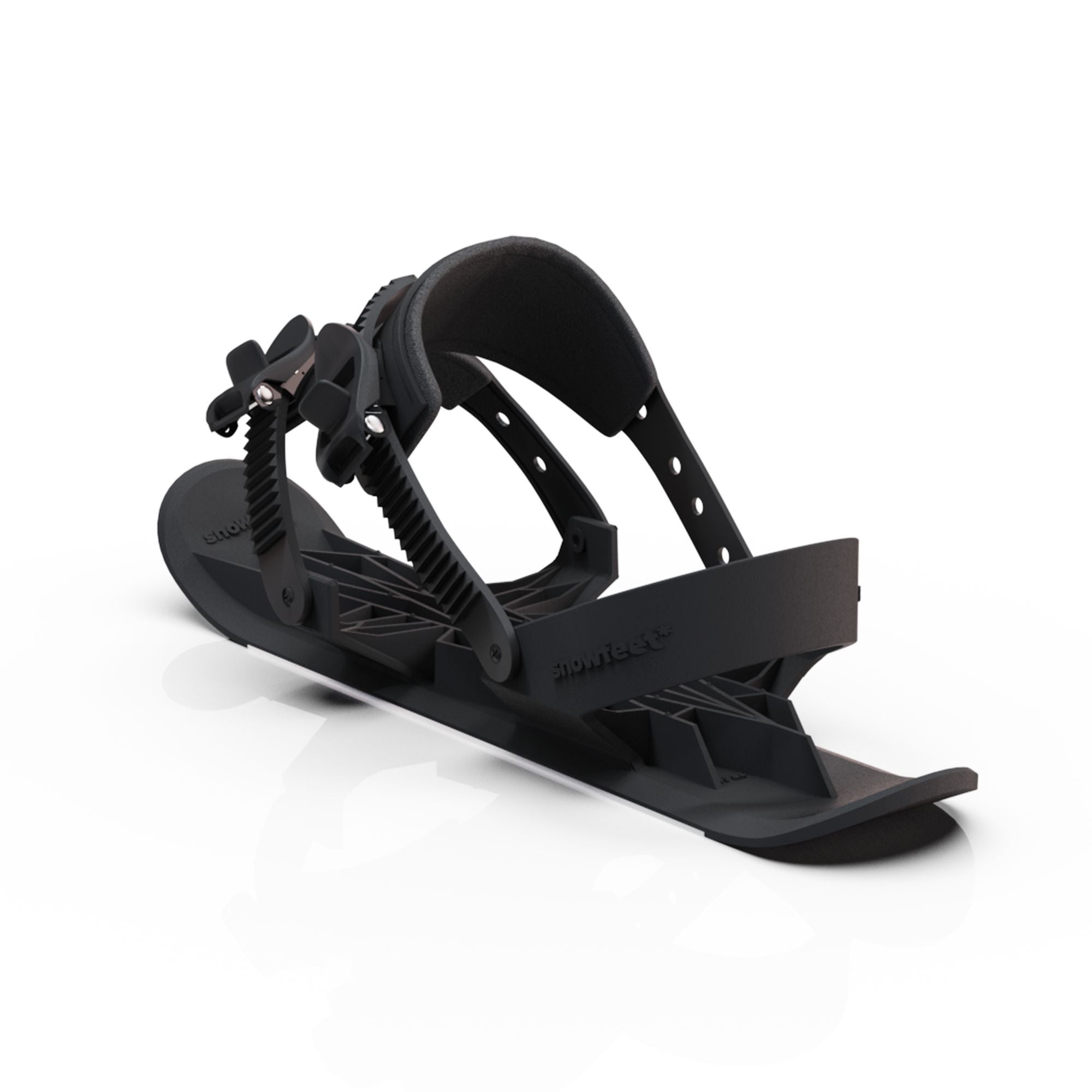 Black snowboard binding on a white background