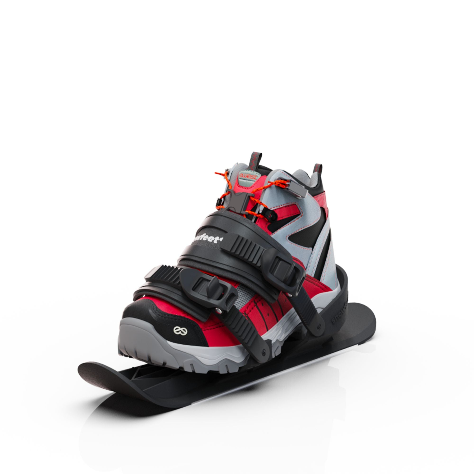 Red and gray snowboard boot with black binding on a white background