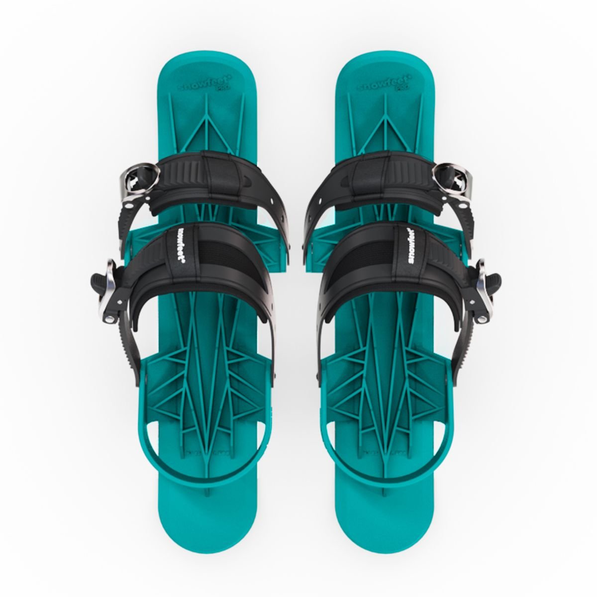 Pair of teal snowboard bindings on a white background