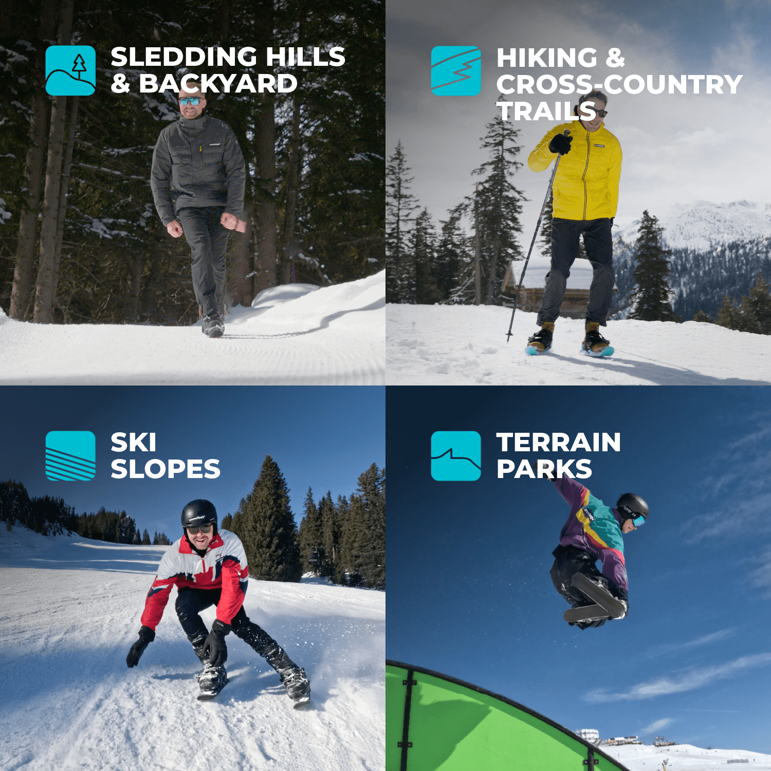 Four winter sports activities on a snowy landscape with corresponding icons and text.