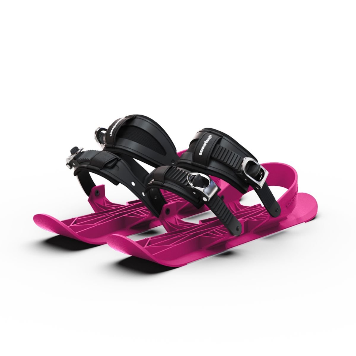 Pink snowshoes with black straps on a white background