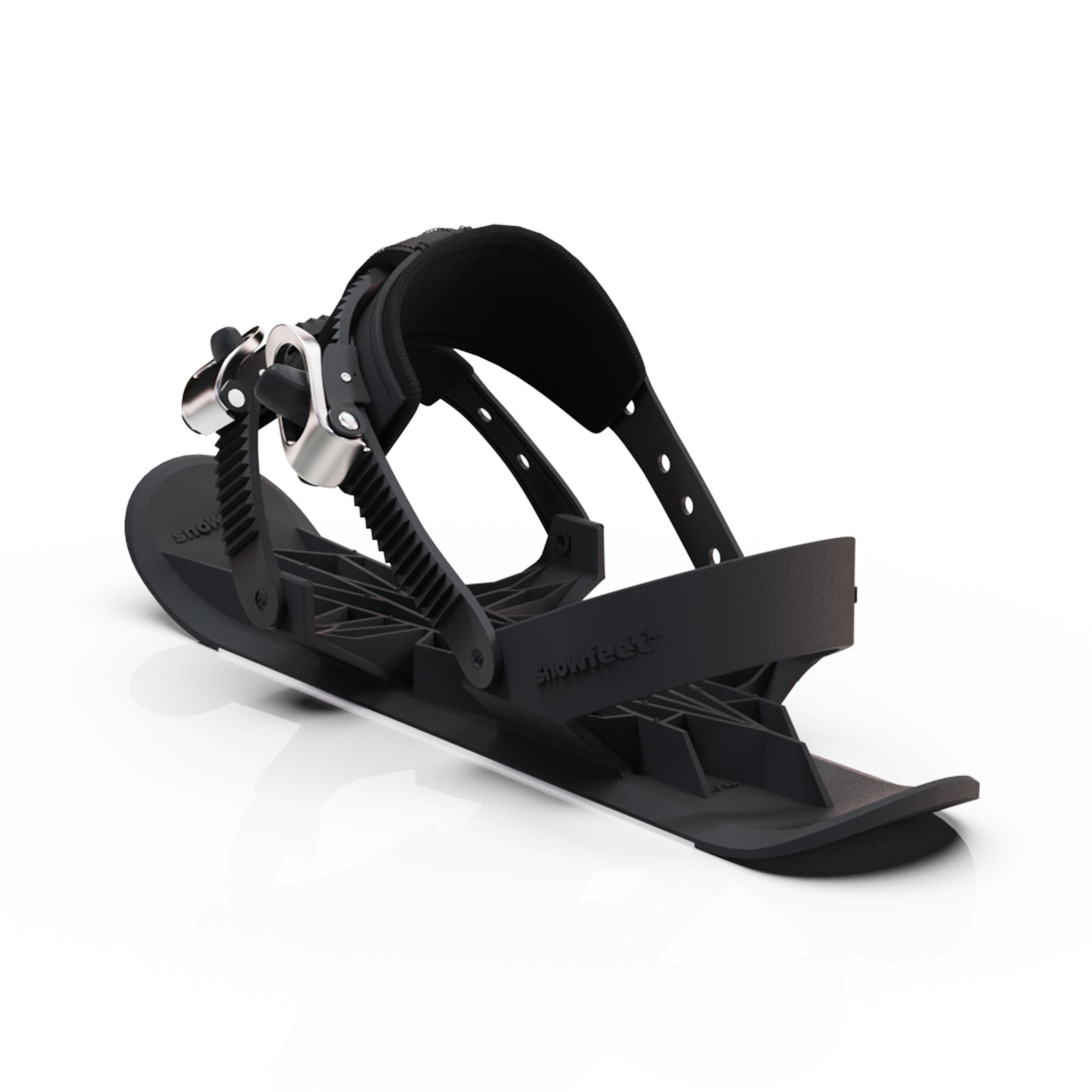 Black snowboard binding on a white background