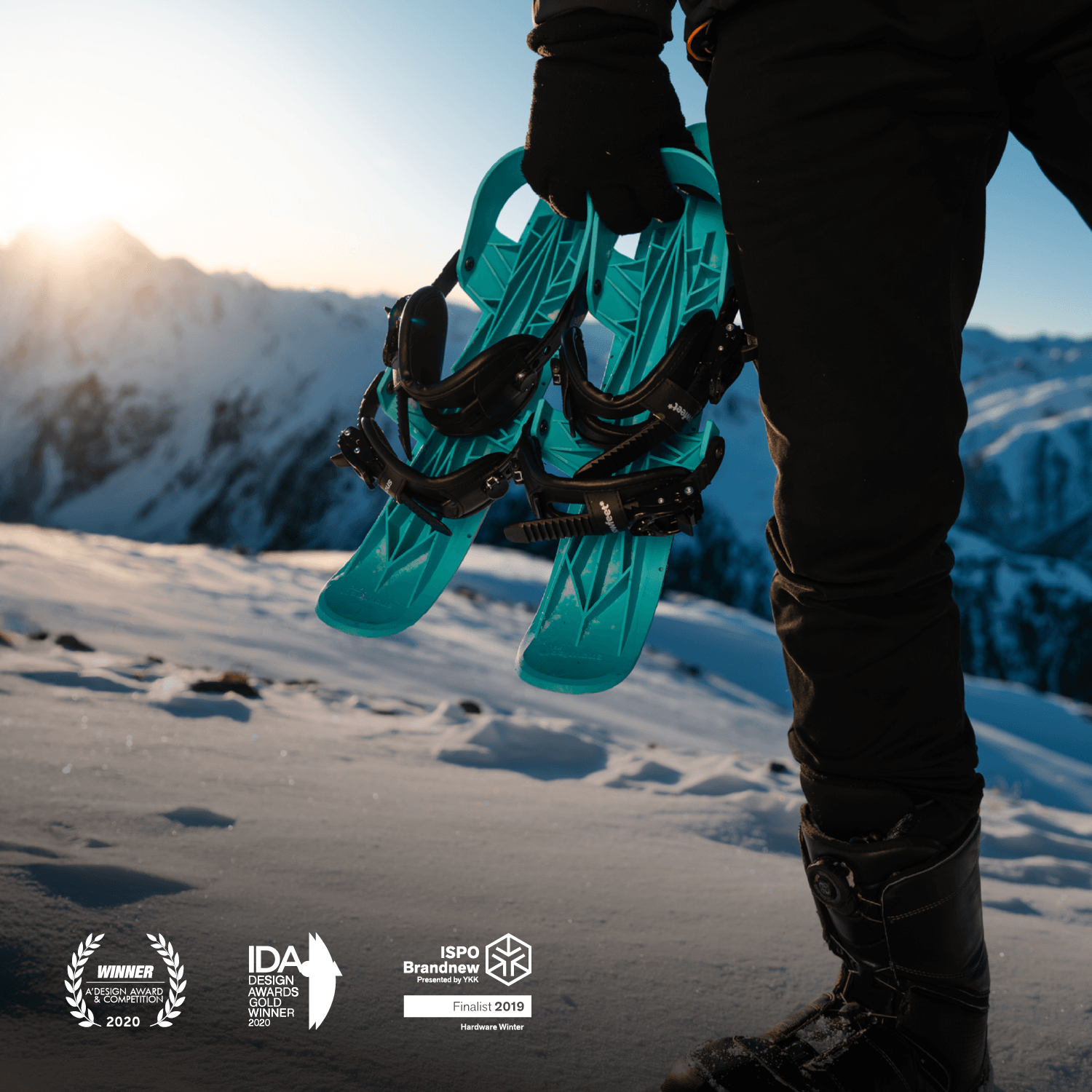 Person holding teal snowshoes with a mountainous landscape in the background