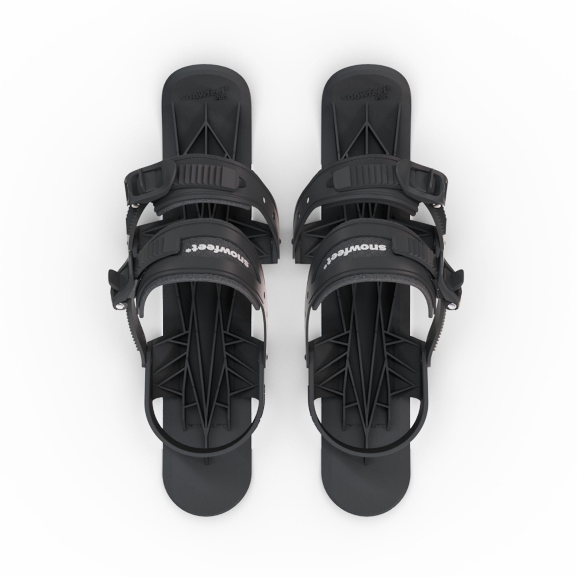 Pair of black snowboard bindings on a white background