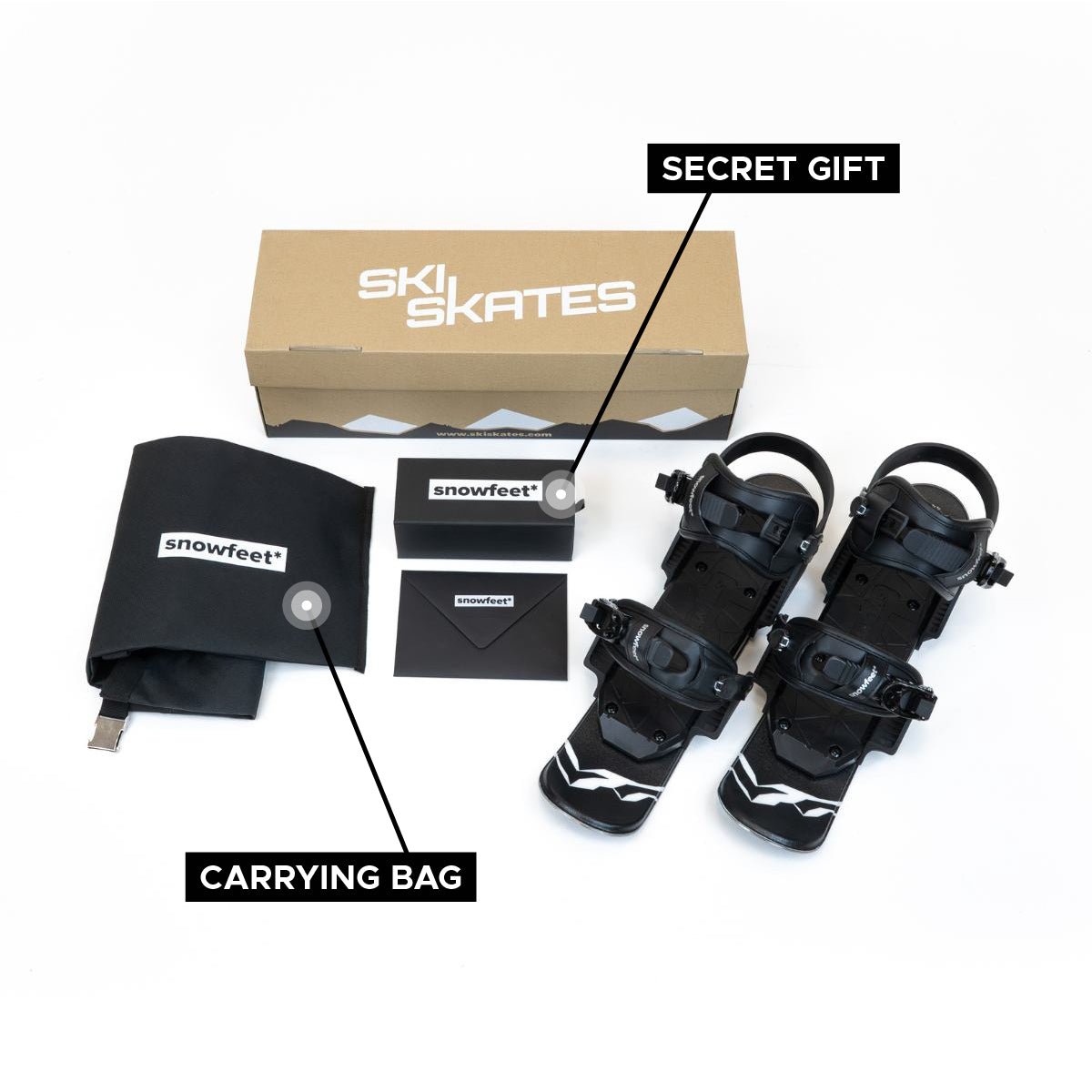 Black ski skates with carrying bag and branded box on a white background