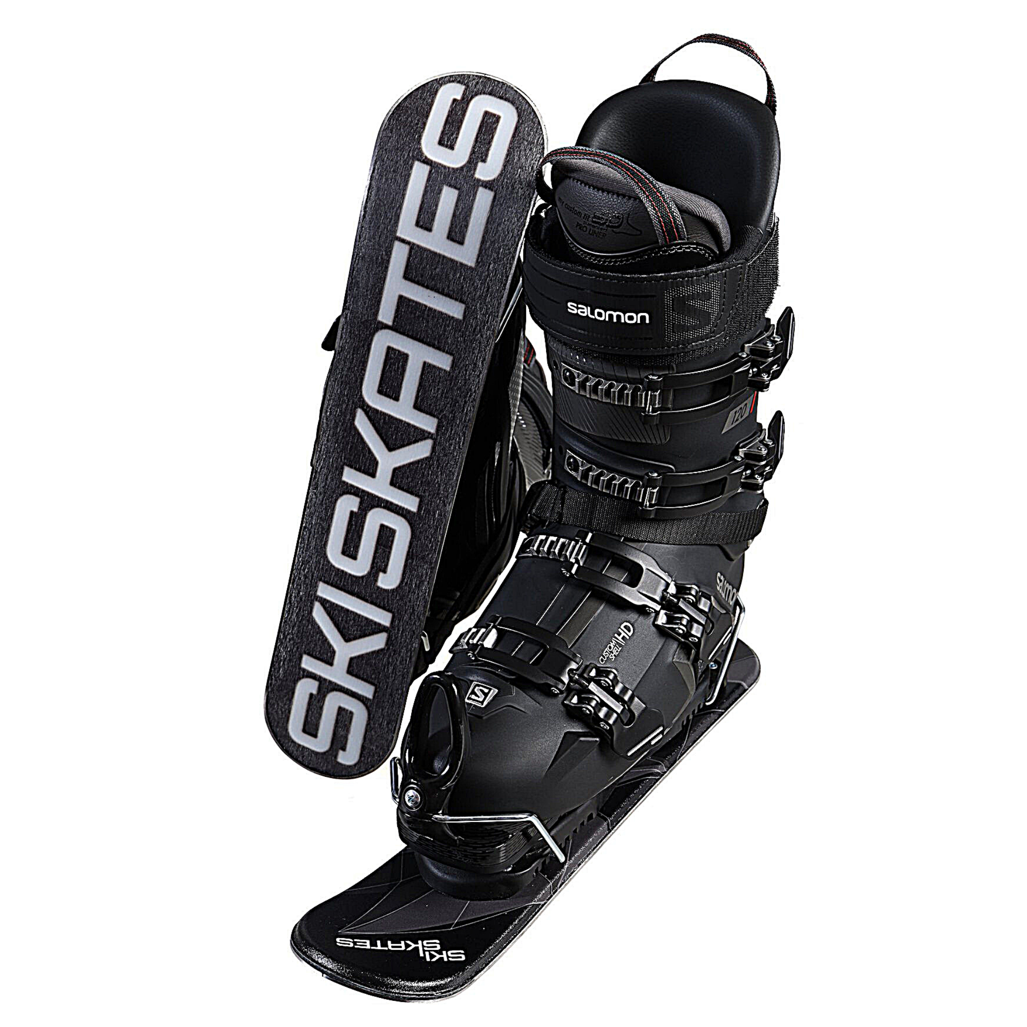 Pair of black mini skis on a white background with ski boot