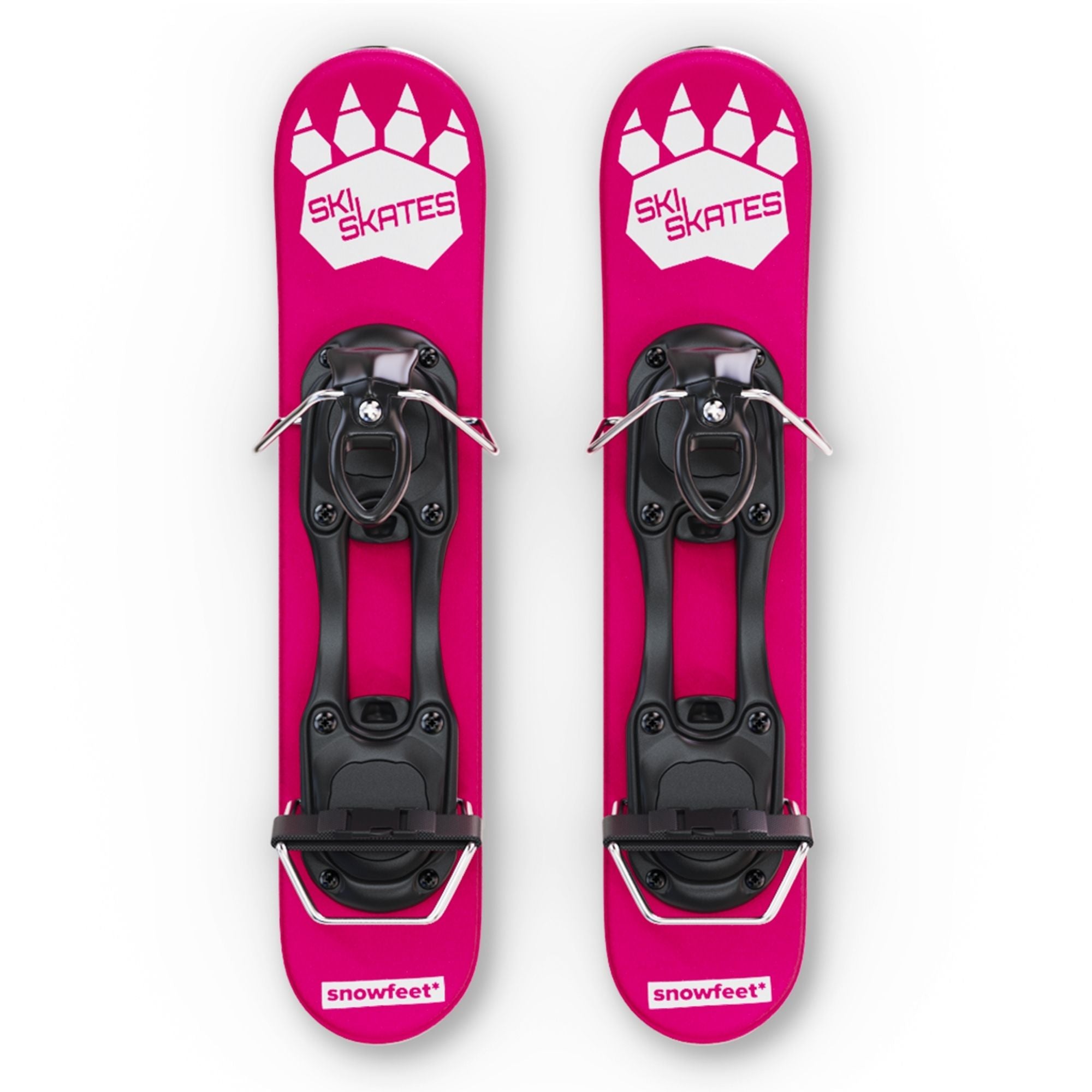 Two pink ski skates with black bindings on a white background