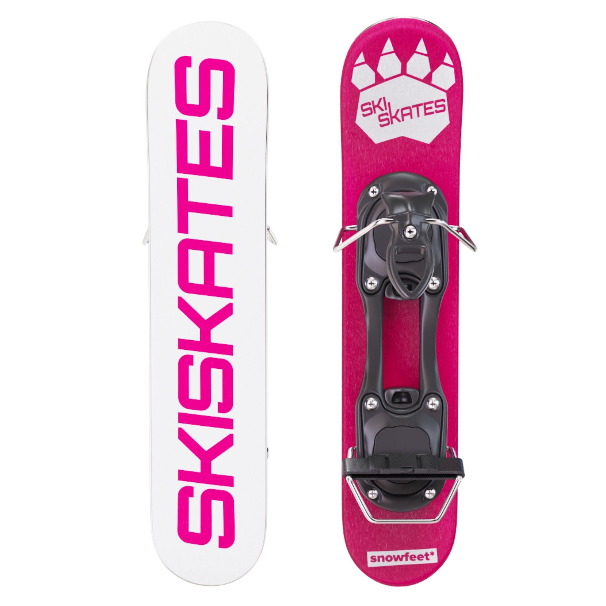 Two pink ski skates with black bindings on a white background