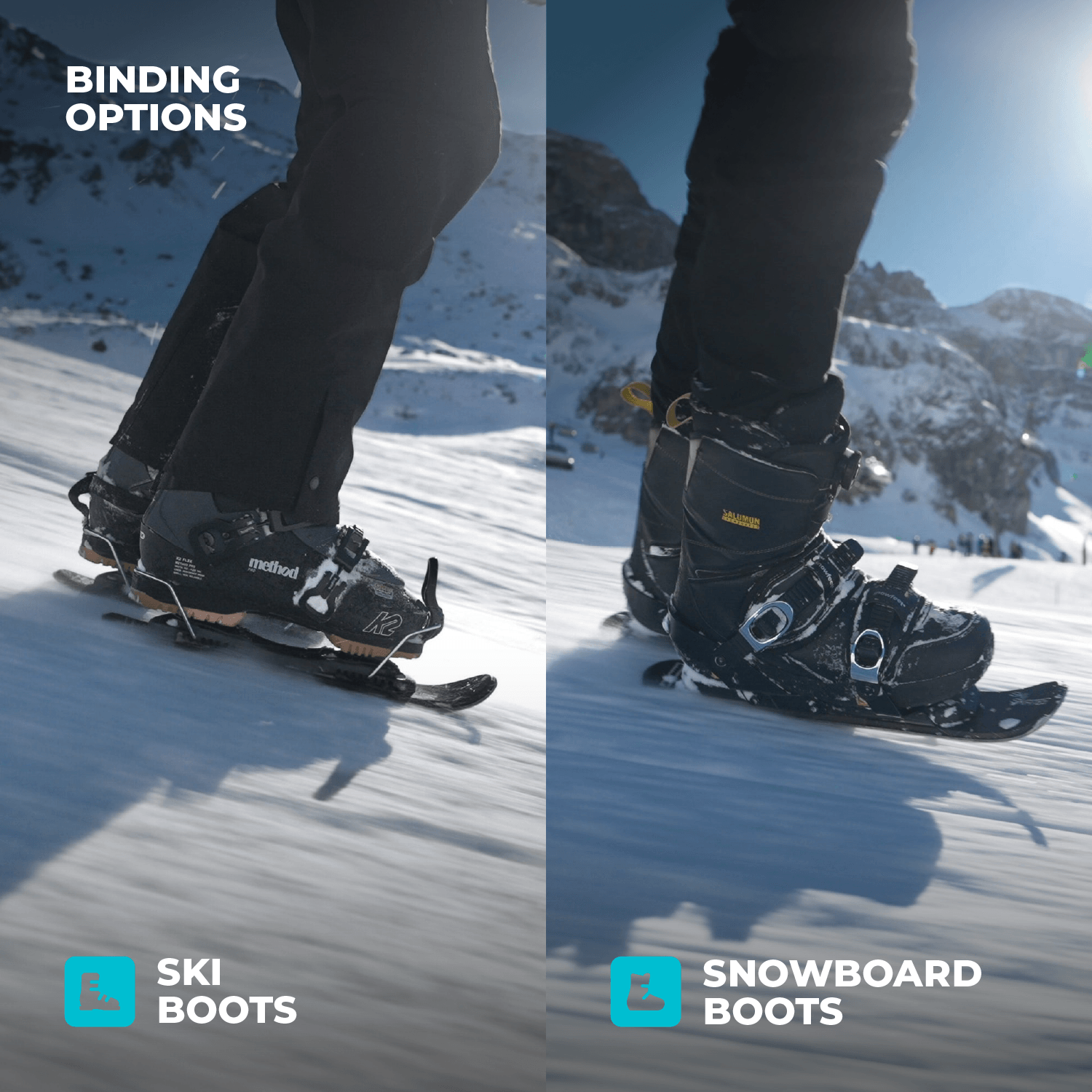 Comparison of ski boots and snowboard boots on a snowy mountain background.