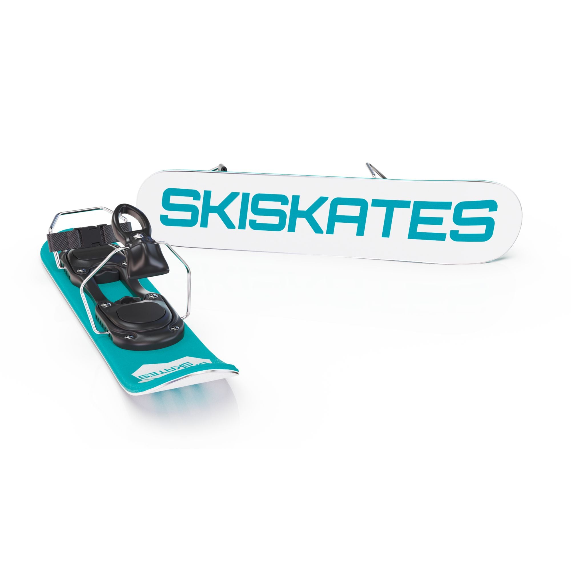 Two turquoise ski skates with black bindings on a white background. Ski boot binding