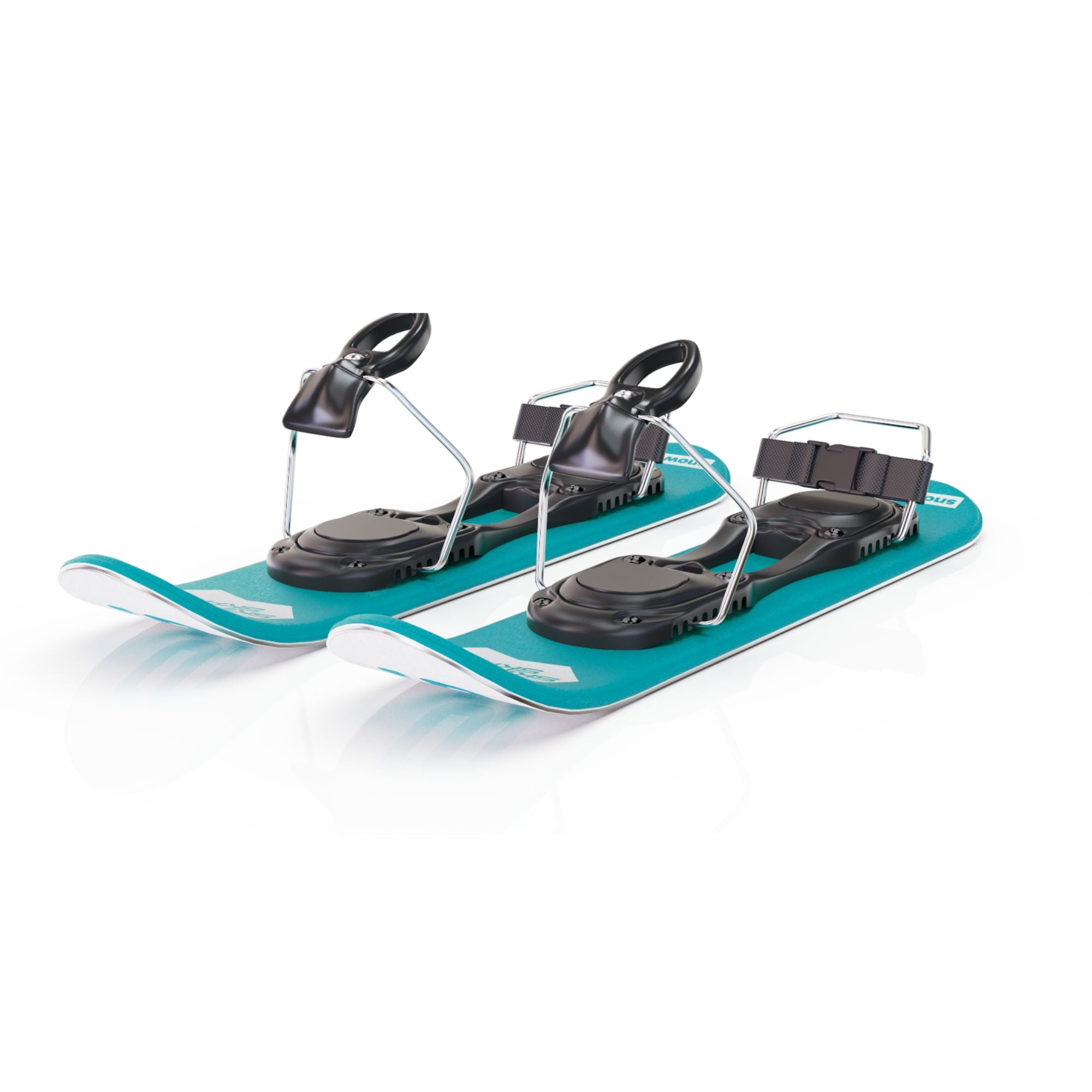 Two turquoise ski skates with black bindings on a white background