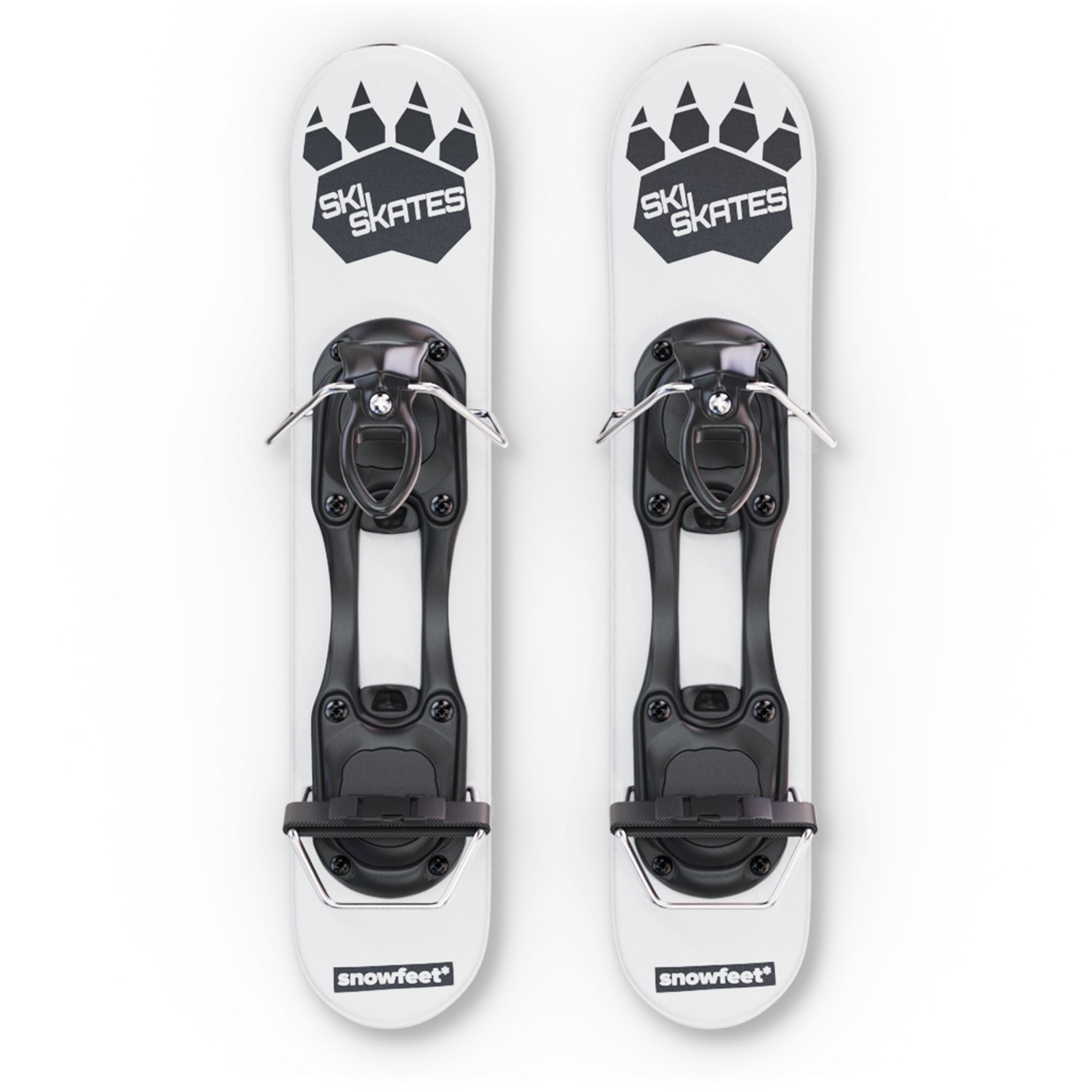 Two ski skates with 'Ski Skates' and 'Snowfeet' branding on a white background. Mini skis with ski binding