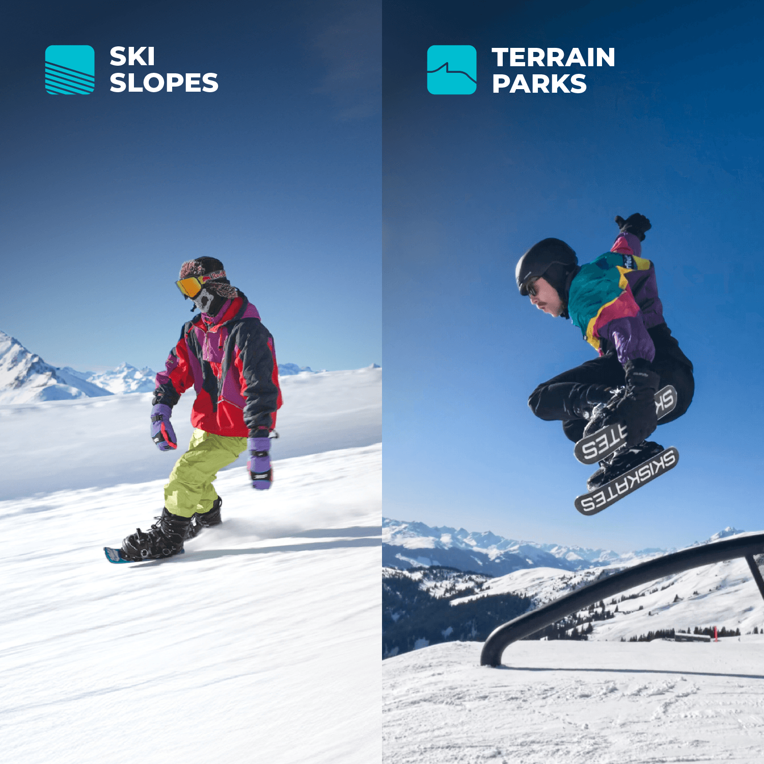 Two snowboarders in action on a snowy mountain with 'Ski Slopes' and 'Terrain Parks' branding.