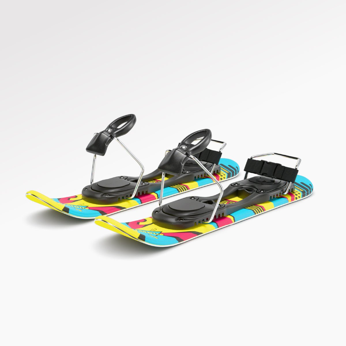 Retro mini skis with bindings on a white background. Ski boot binding