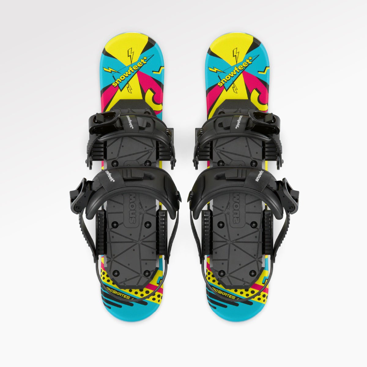 Pair of colorful short skis with snowboard binding on a white background