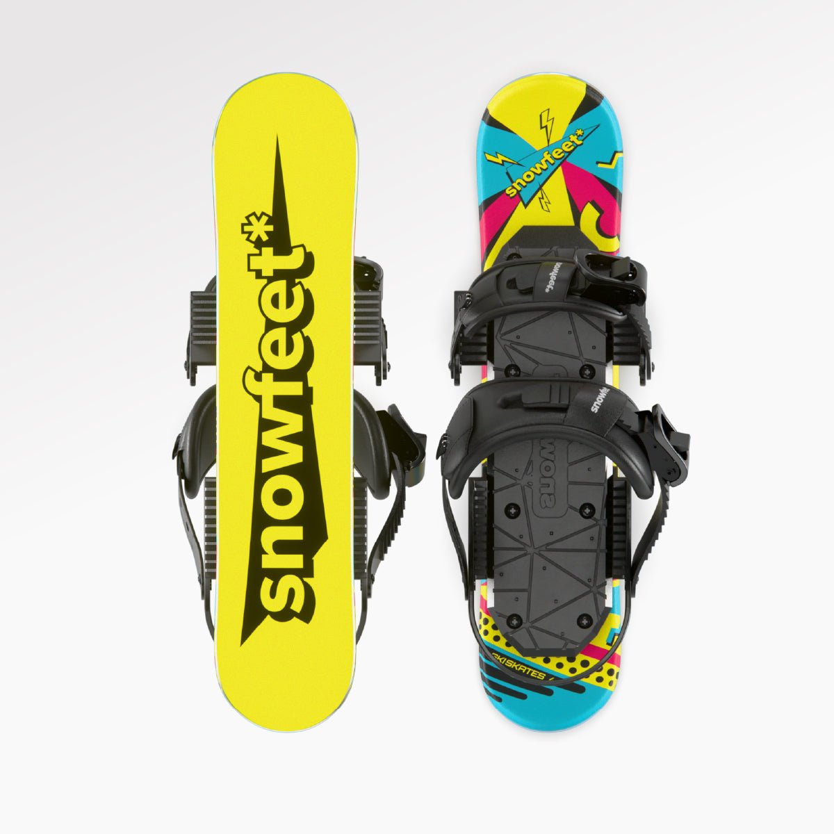 Pair of retro short skis with snowboard boot binding on a white background