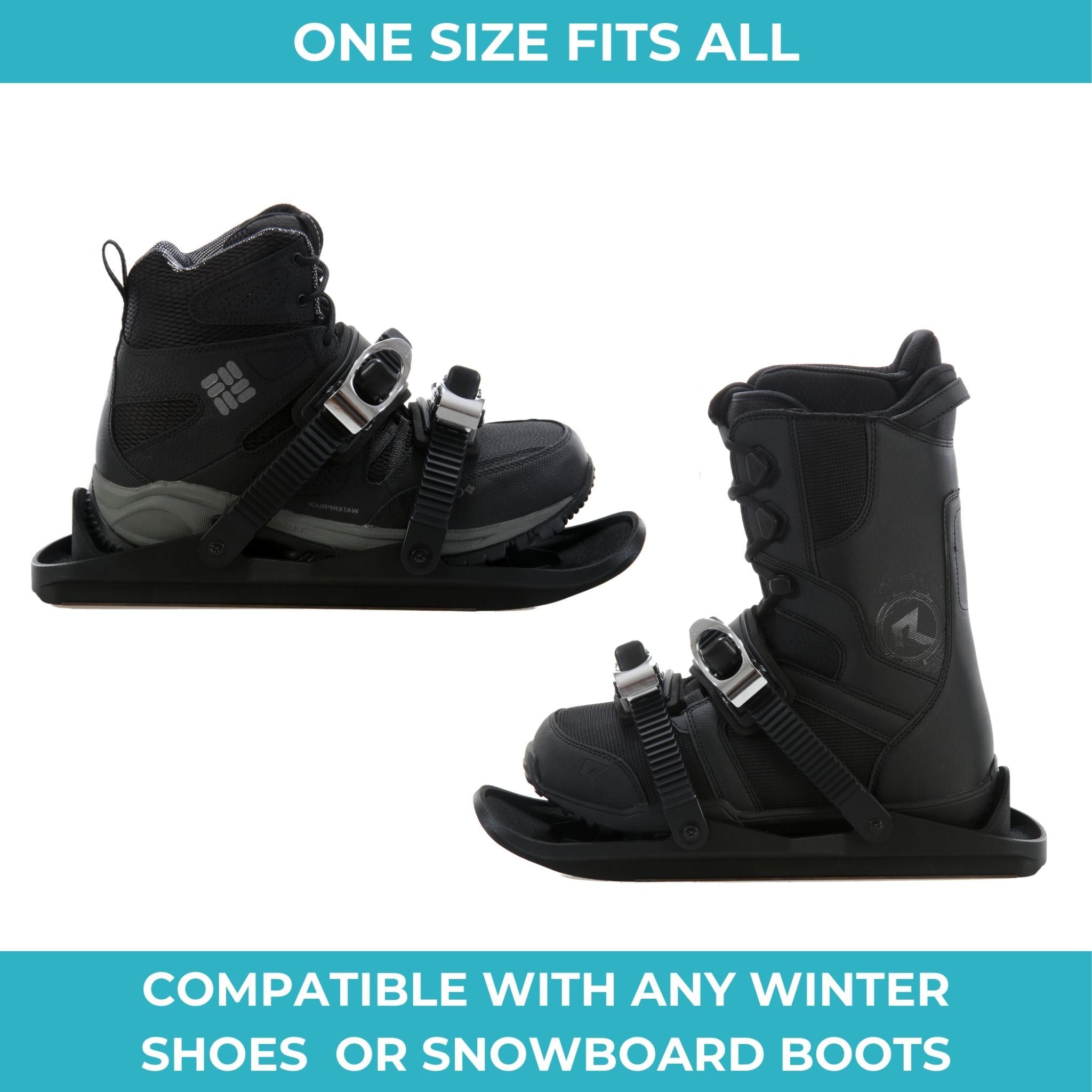 Snowfeet - Mini skis, One size fits all, compatible with any winter shoes or snowboard boots.