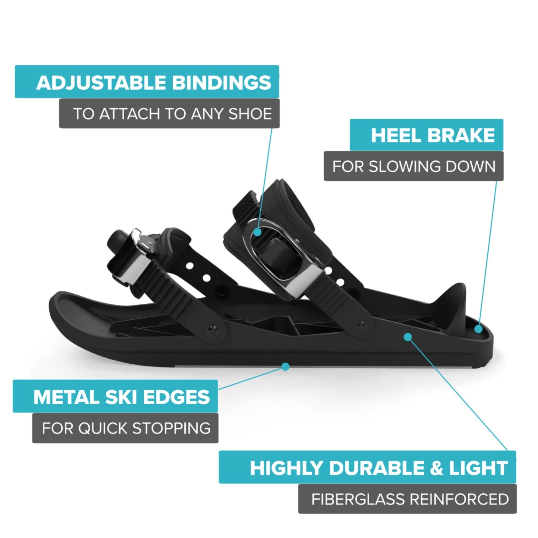 Snowfeet - Mini skis, Adjustable bindings, heel brake, metal ski edges, fiberglass reinforced